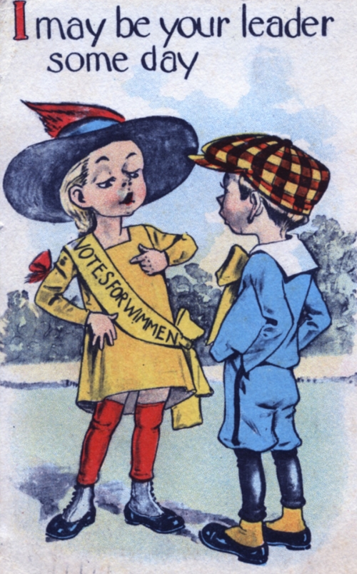 vintage color cartoon of a young girl telling a young boy she'll enter politics
