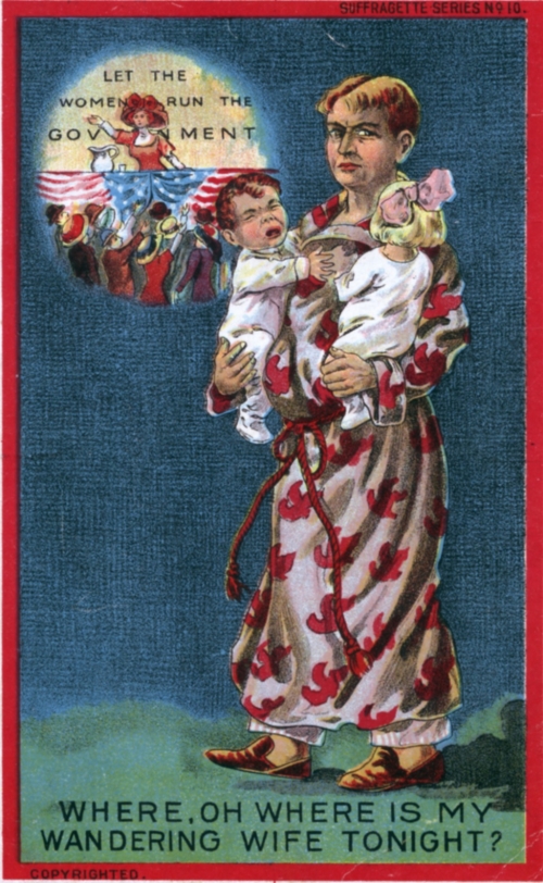 vintage color cartoon of an annoyed man carrying babies while his wife busies herself with politics