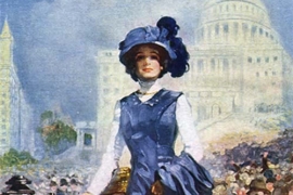 Drawing of an early 20th-century political woman in a hat