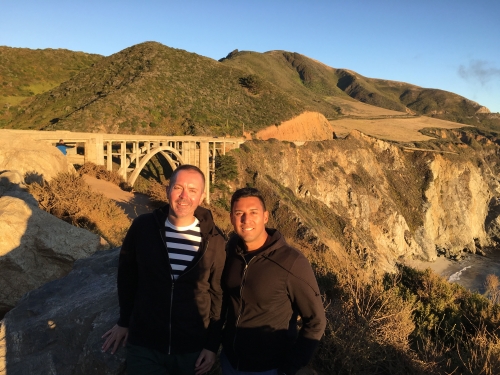 Jason Albright ’99 and Robert Ruiz ’99 stand in front of a beautiful desert vista