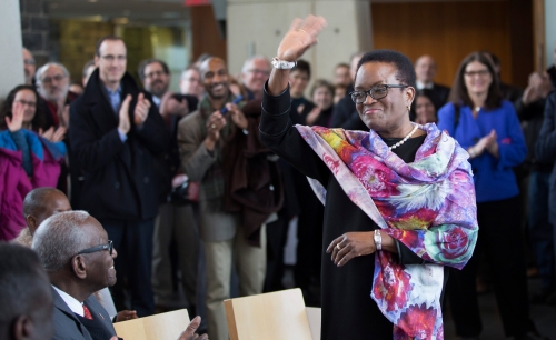 President Val Smith socializes with community members during a spring welcome event.