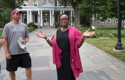 President Val Smith on Magill walk with a passerby