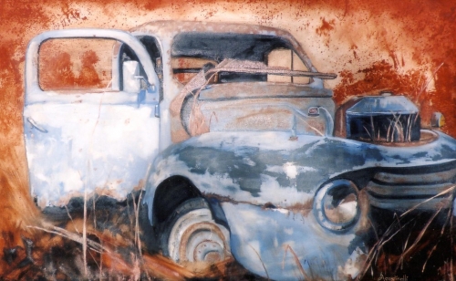 Painting of an old timey truck in watercolor
