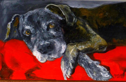 A painting of a dog reclining.