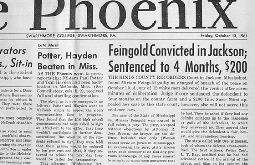 Picture of  The Phoenix gives top billing to one of Mimi Feingold Real ’63’s many incarcerations endured in the name of desegregation. 2. Real’s Halcyon photo ran alongside a quote: “With all beings and all things we shall be relati
