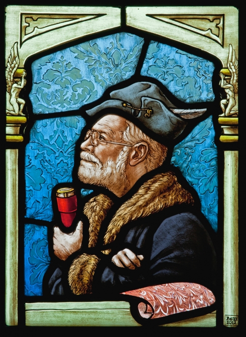illustrated portrait of George Huber done as a stained glass window