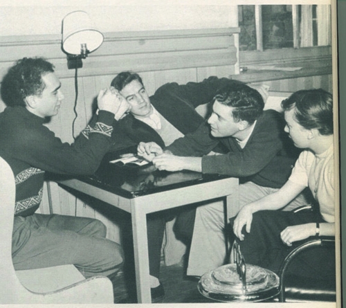 Black and white photo of Levin with classmates Christopher “Kit” Lukas, left, and Christopher Lehmann-Haupt, center.