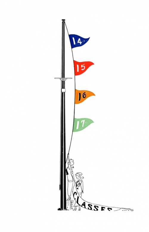 illustration with colorful flags representing various class years hanging from the same flagpole