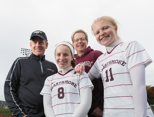   The two Georges—Dougherty (left) and Telford—enjoyed reconnecting and cheering on daughters Katie (left) and Emily at Garnet Weekend, Nov. 1.