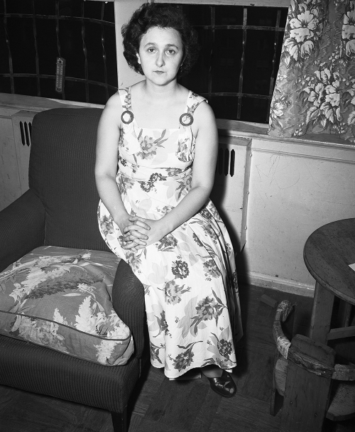 black and white photo of Ethel Rosenberg in her home