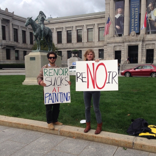 playful protestors demonstrate against what they view as bad art in front of an art museum