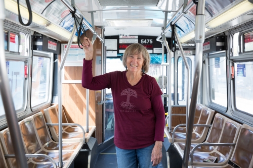 Ellen Murray on a bus