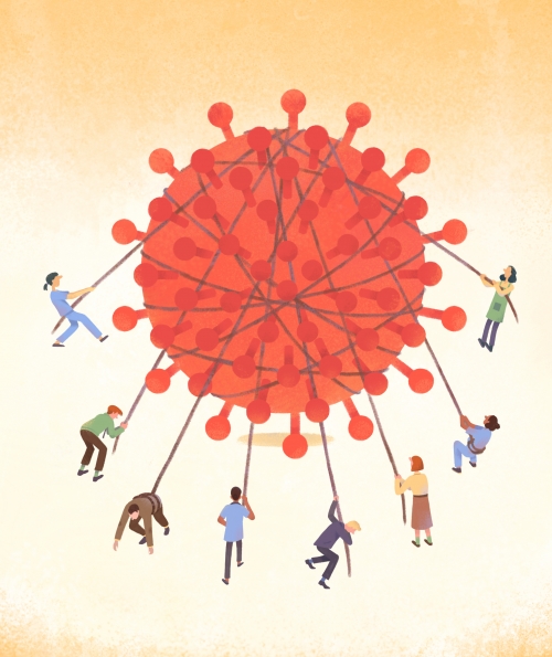 illustration of people wrangling a virus