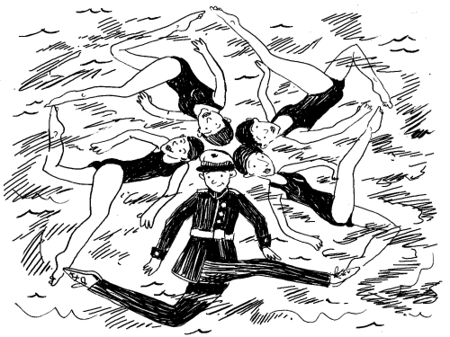 cartoon of male marine doing water ballet with female swimmers