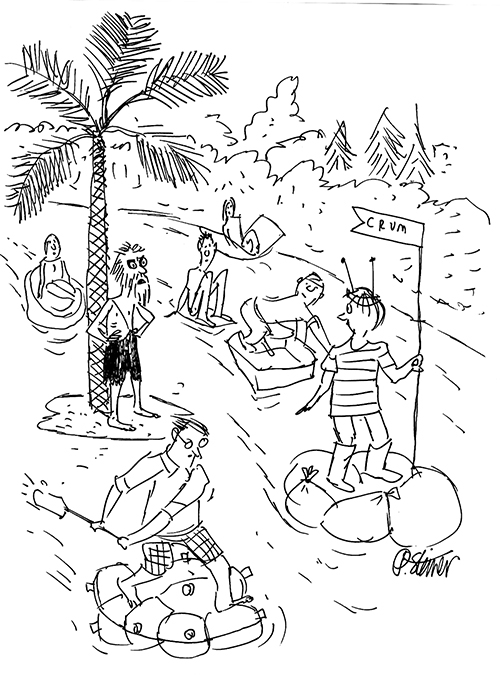 A cartoon picturing Swarthmore students in the Crum Regatta cruising past a bedraggled man stranded on a tiny island.