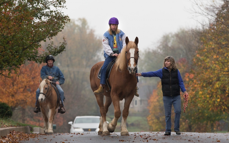 two horseback riders and a walker stroll down a country road