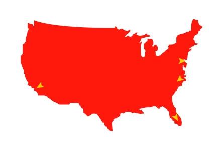 drawing of the United States in all red with arrows pointing to several location on it
