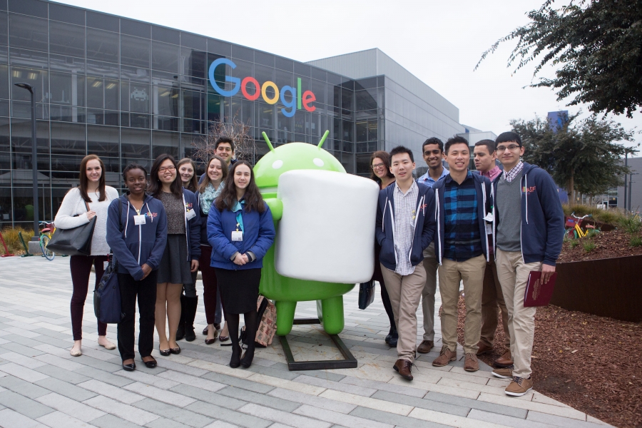 Swarthmore students pose for a photo in front of Google HQ