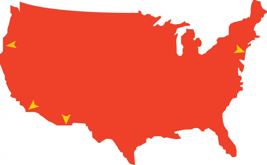 a red graphic of the US with yellow points on the map for each location mentioned