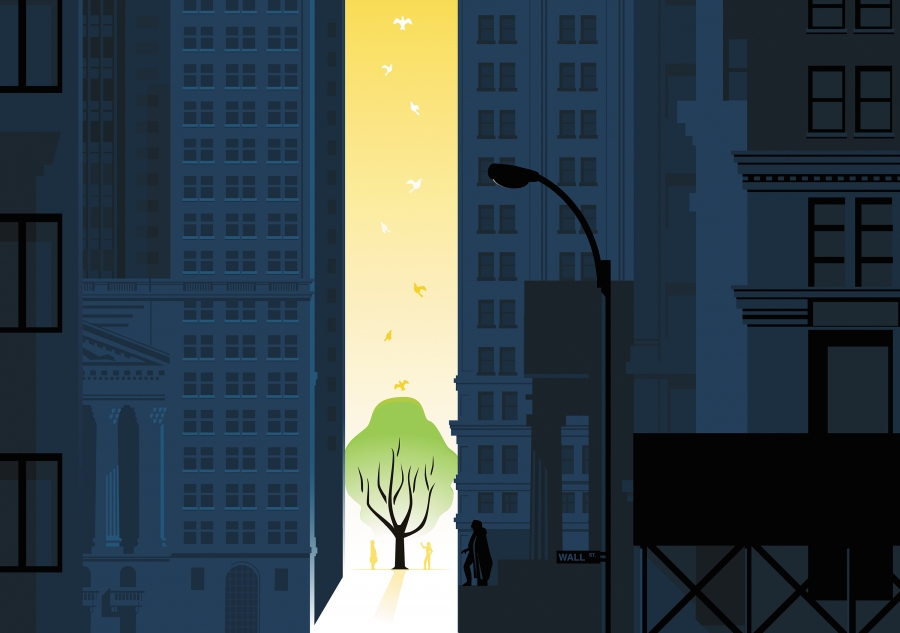 Dark, artistic drawing of Wall Street with sliver of light shining in between two enormous buildings on to a tree surrounded by people and birds. 