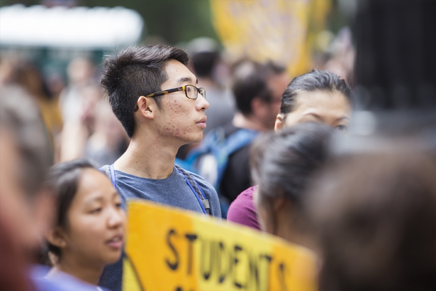 Christoper Chalaka '15 waits for the People's Climate March to begin. He was part of a group of 200+ Swarthmore students who traveled to NYC to participate in the People's Climate March, the largest climate justice march in history, with more than 400,00 people. Photo by Martin Froger-Silva '16