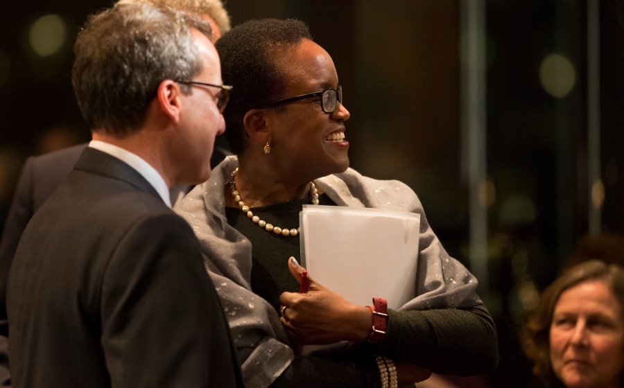 President Valerie Smith mingles in a crowd