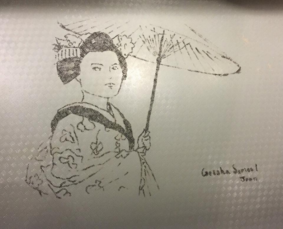 Sharples tray with a geisha drawn on it by a student