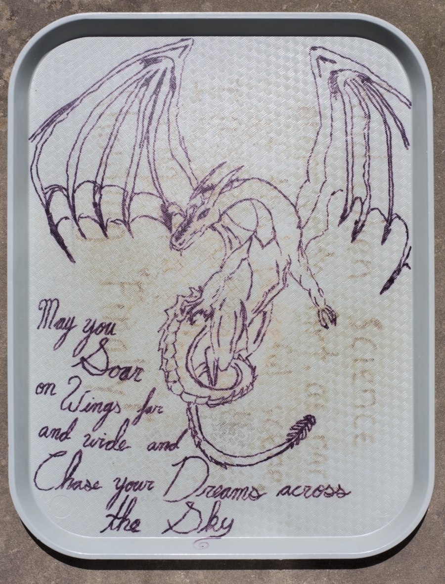 Sharples tray with dragon drawn on it by a student