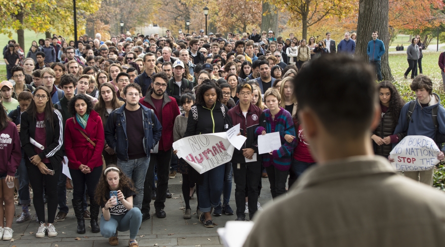 Swarthmoreans attend a walk-out in protest of Donald Trump's political agenda.