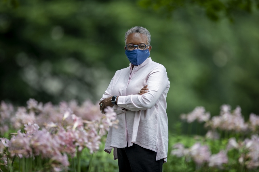 Portrait of President Valerie Smith in rose garden