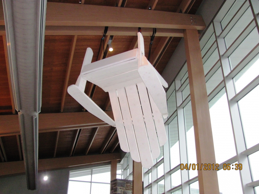 Engineering students hung a replica of the Big Chair on Parrish Beach upside down in the Science Center's Eldridge Commons.