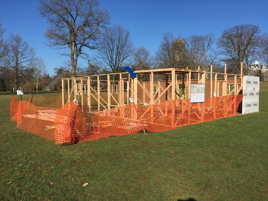 A framed wood structure: The engineers broke ground on Anfänger Hall, a freshman residence hall boasting such amenities as "running water and a bed for each student."