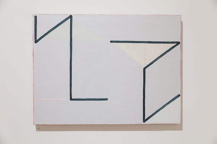 A geometric painting of dark lines against a white background.