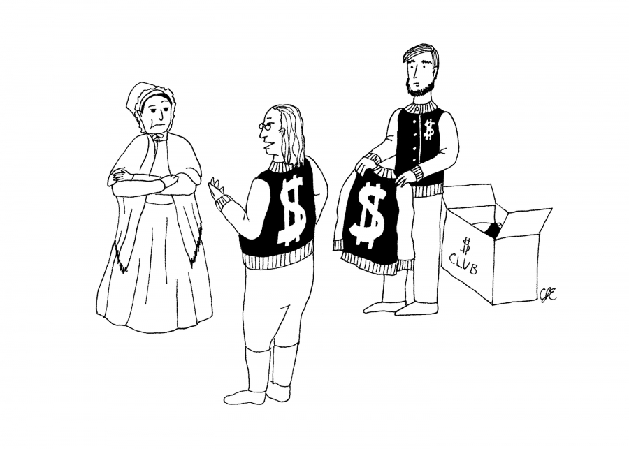 cartoon of Lucretia Mott receiving a "money club" jacket from Ben Franklin and Abe Lincoln
