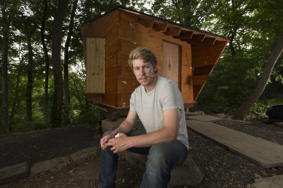 Johnathan Malloy outside his cabin.