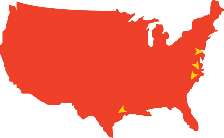 Red map of the U.S. with arrows pointing to locations of alumni news