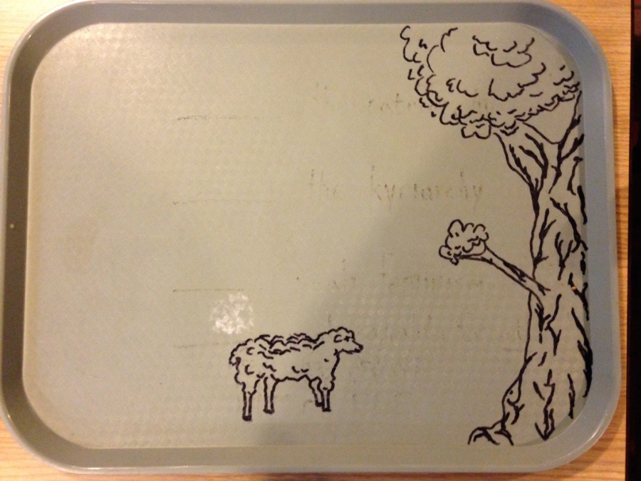Sharples tray with a lamb and tree drawn on it by a student