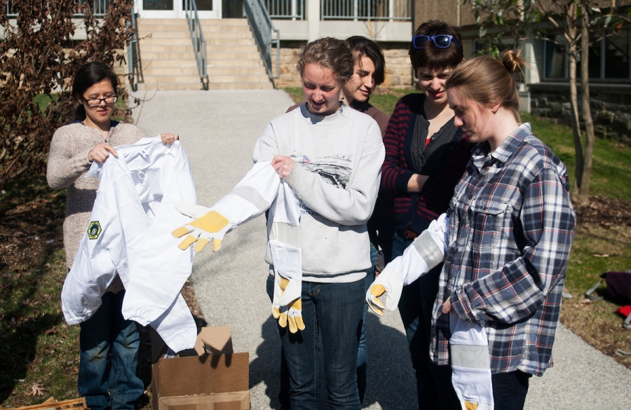 Five women suiting up in bee suits