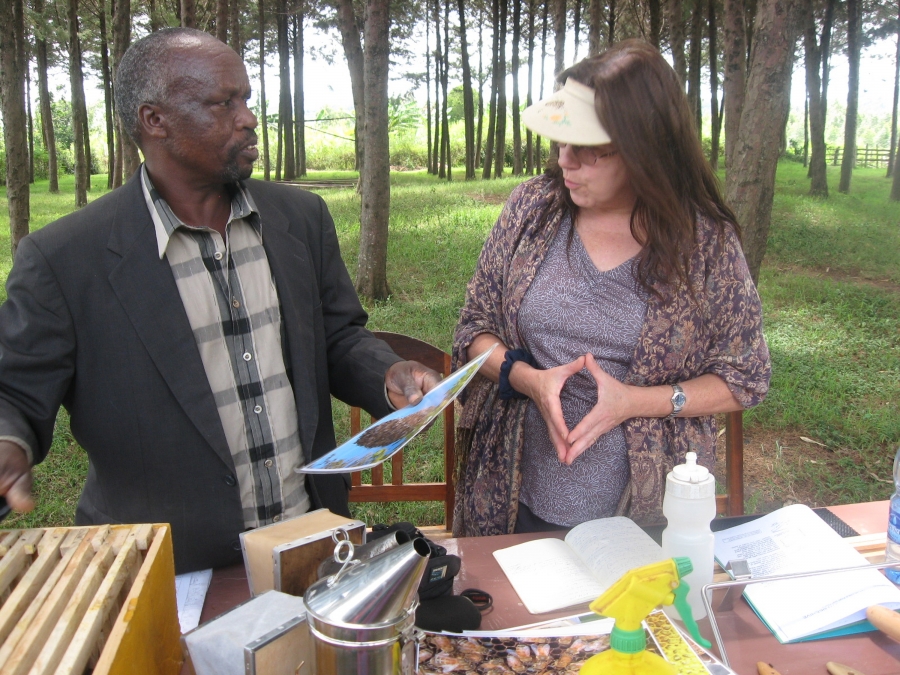 Susanne Weil teaching beekeeping with Edward Ochoro
