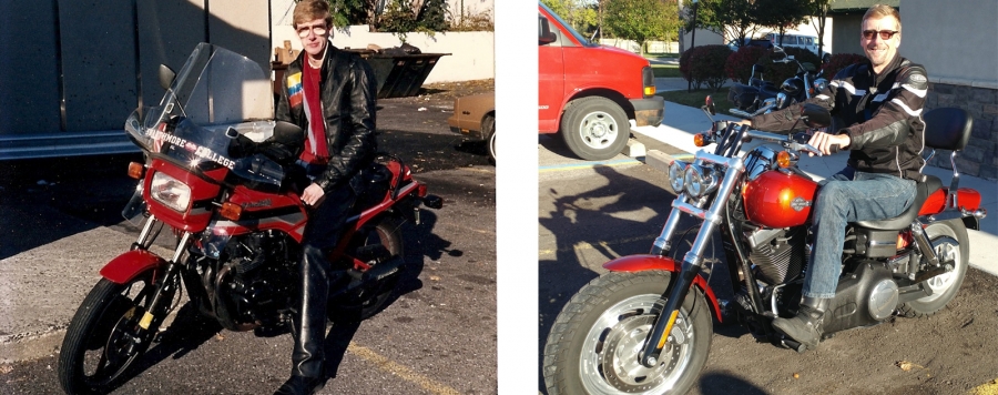 two images of Pedro Gregorio ’86 on motorcycles