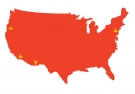 a red graphic of the US with yellow points on the map for each location mentioned