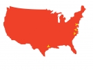 Red map of the U.S. with arrows pointing to locations of alumni news