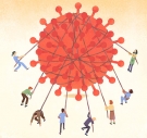 illustration of people wrangling a virus