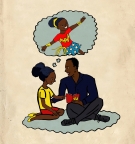 A drawing of a dad with his daughter, who is dreaming of being Wonder Woman