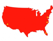 drawing of the United States in all red with arrows pointing to several location on it