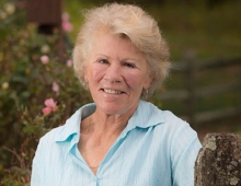 Sue Davis, swim coach, in a Swarthmore garden