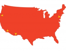 a red graphic of the US with yellow points on the map for each location mentioned