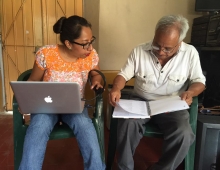 Janet Chávez Santiago working with language expert Froylan Carreño in Teotitlán del Valle to add names for local birds to the Talking Dictionary.