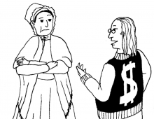 cartoon of Lucretia Mott receiving a "money club" jacket from Ben Franklin and Abe Lincoln