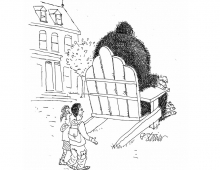 A cartoon of a gorilla sitting in a chair. 